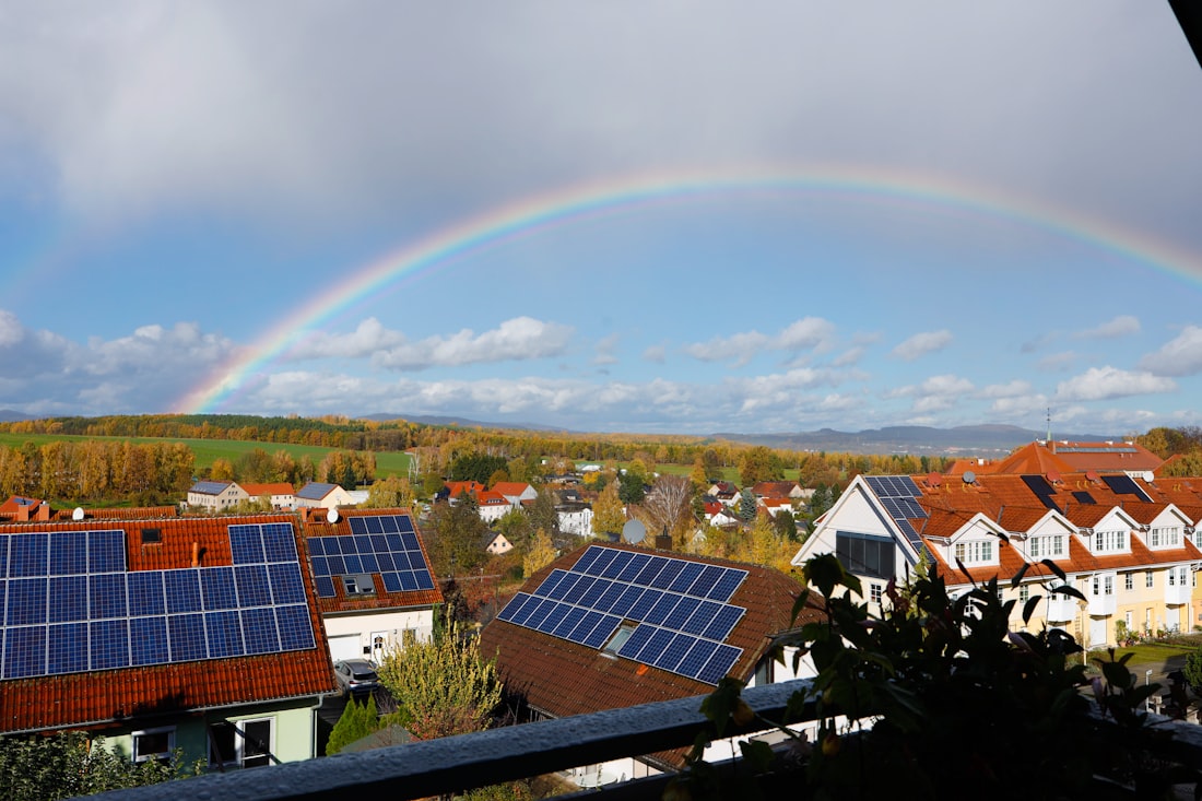 Suburban neighborhood with solar panels